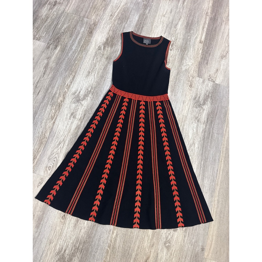 Leo & Sage Black Orange Knit Sleeveless Fit & Flare Midi Dress Size Small Women